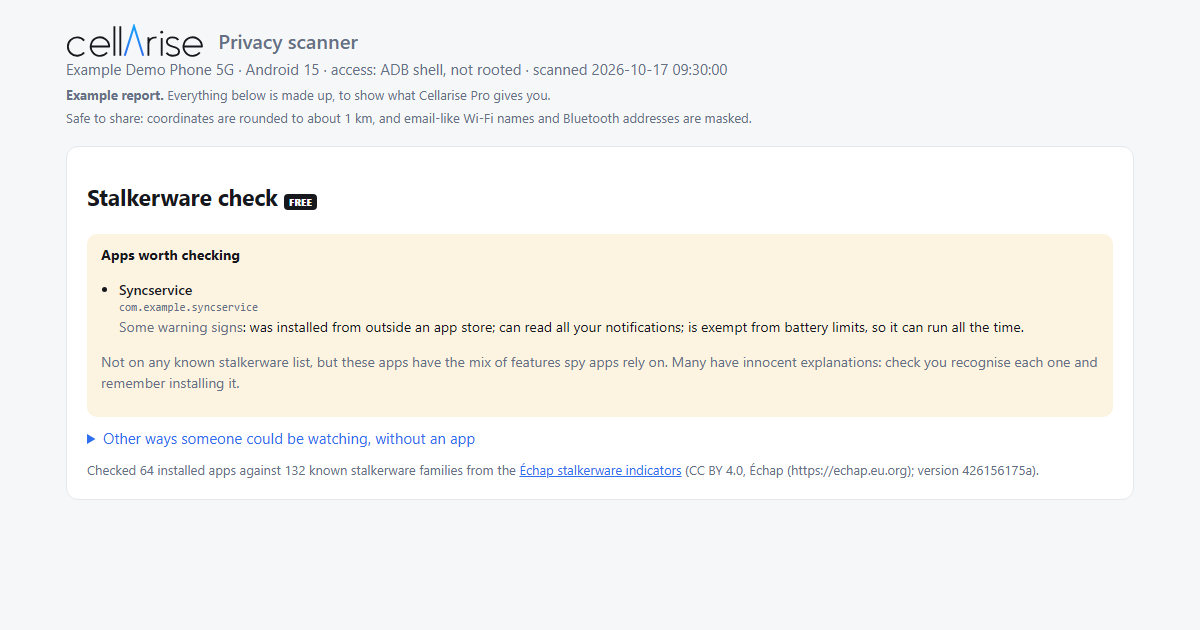 Cellarise stalkerware check in a report